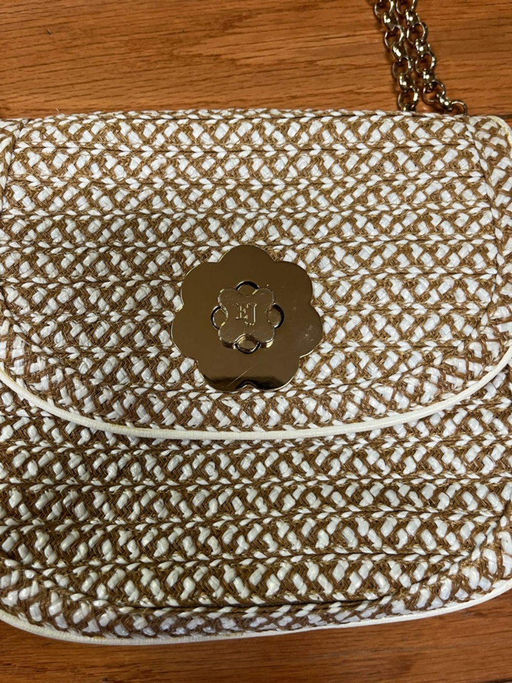 Eric Javits White and Tan Woven Crossbody with Gold Flower Turn-Lock